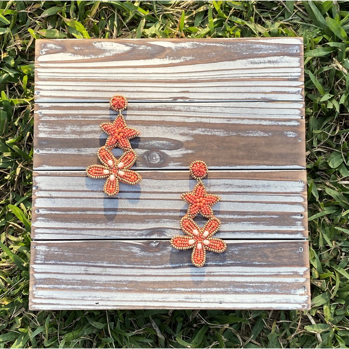 Coral Tiered Starfish Seed Bead Earrings - BFF Here