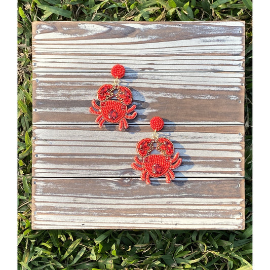 Red Bejeweled Seed Bead Crab Earrings - BFF Here