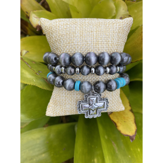 Square Cross Turquoise and Navajo Pearl Beaded Bracelet Set - BFF Here