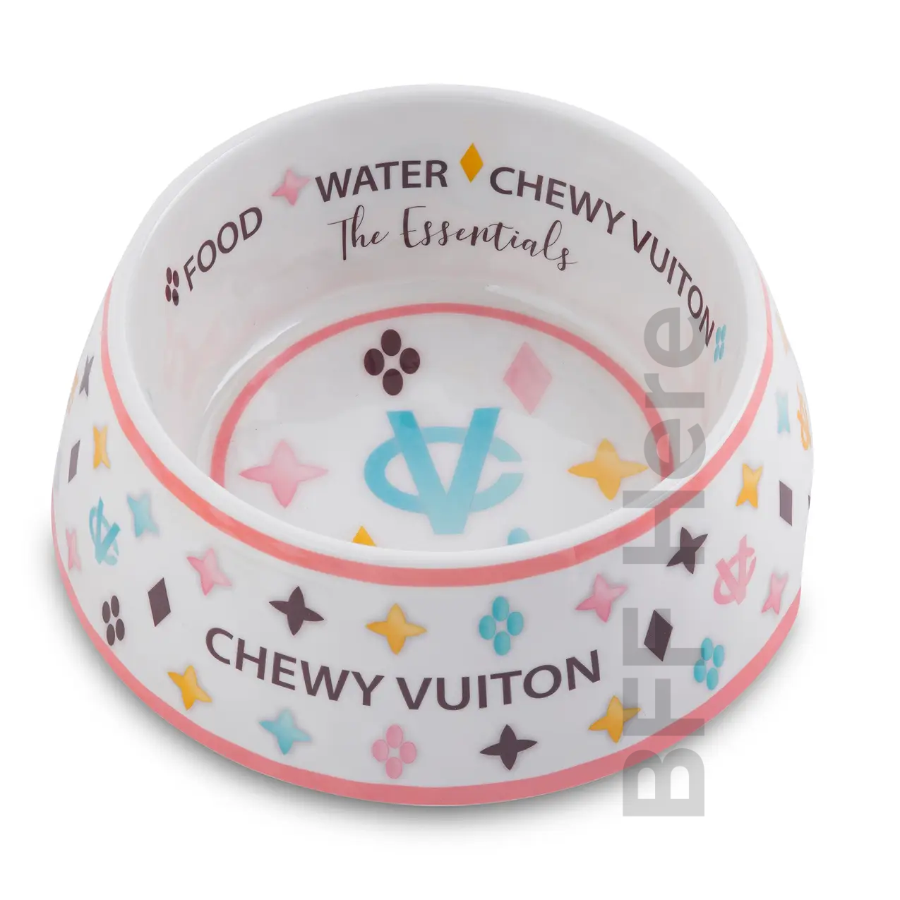 White Chewy Vuiton Dog Bowl - BFF Here