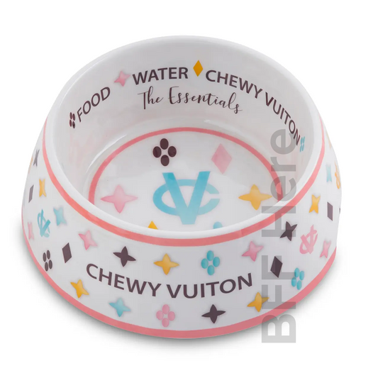 White Chewy Vuiton Dog Bowl - BFF Here