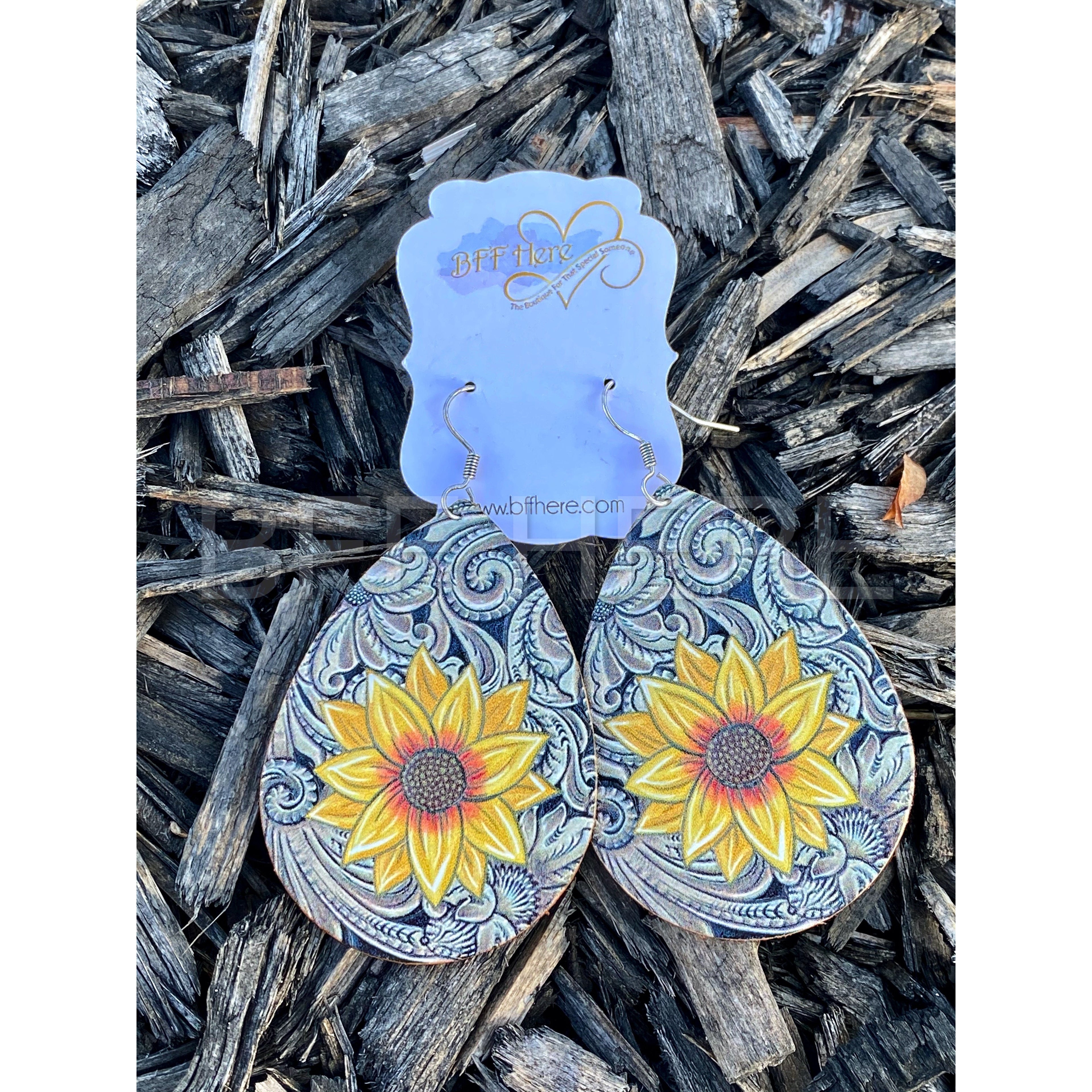 Leather Western Sunflower Teardrop Earrings - BFF Here
