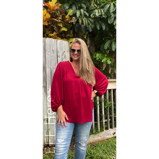 Jamie Balloon Sleeve Top -- Burgundy - BFF Here