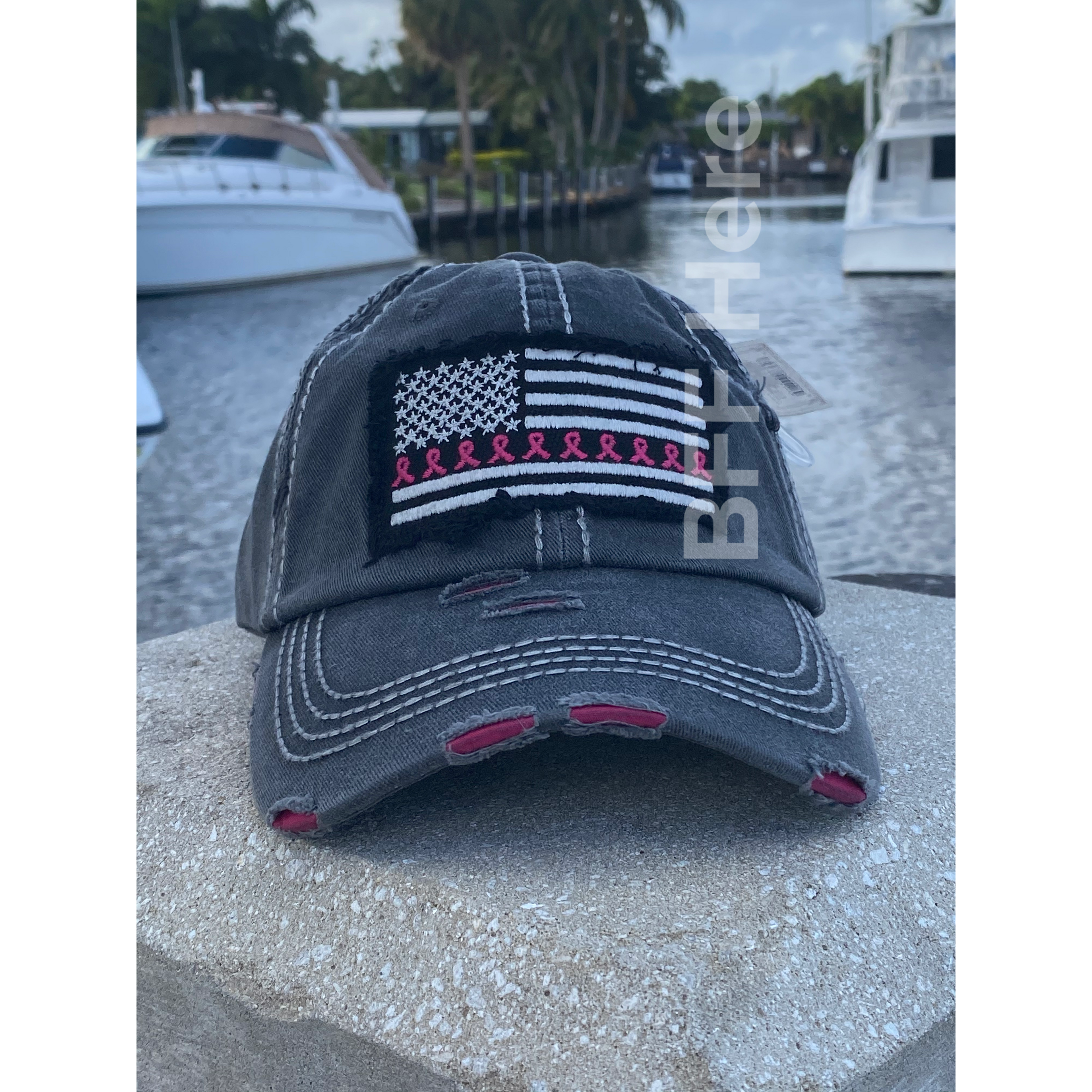 Pink Ribbon Flag Vintage Hat -  Choice of Color - BFF Here