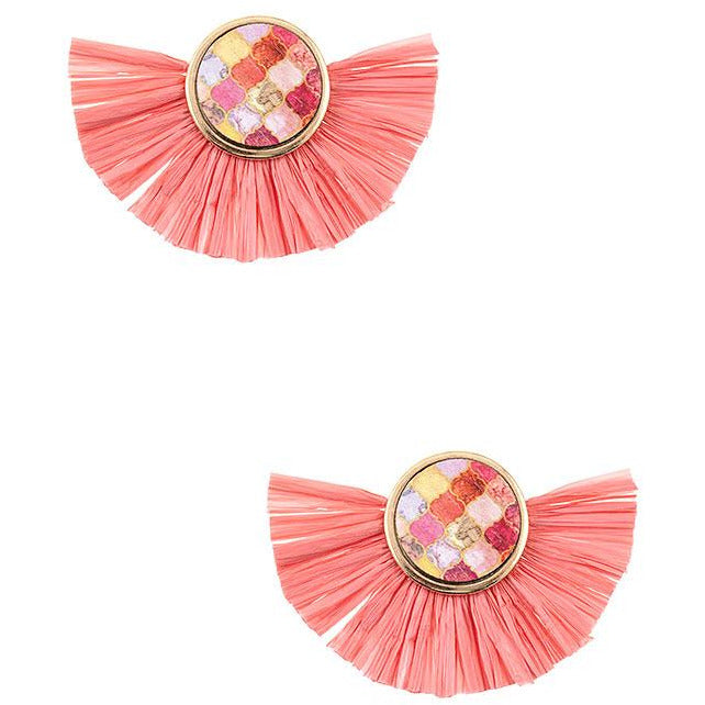 Round Mix Print Raffia Earrings -- Choice of Color - BFF Here