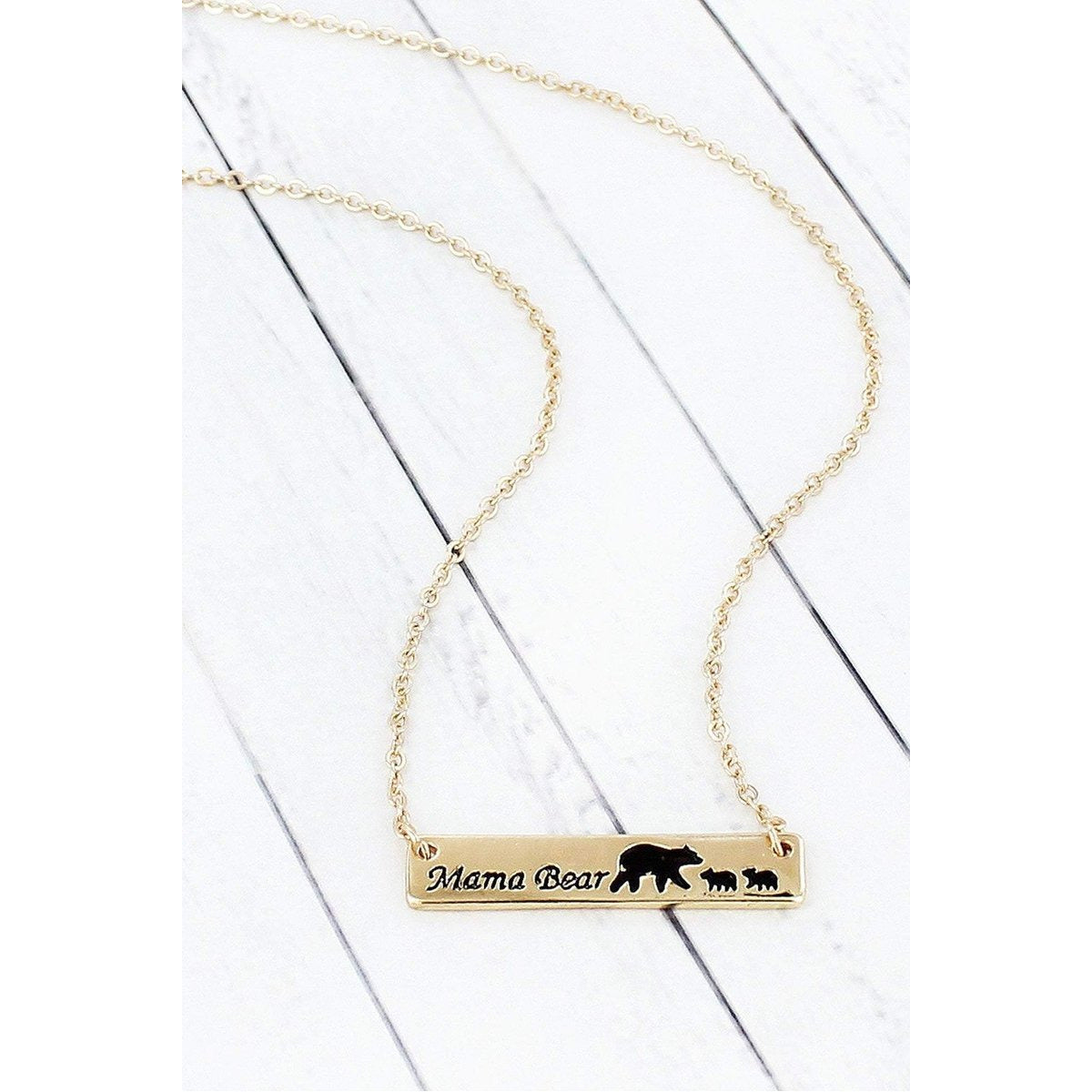 Goldtone Mama Bear with Two Cubs Bar Pendant Necklace - BFF Here