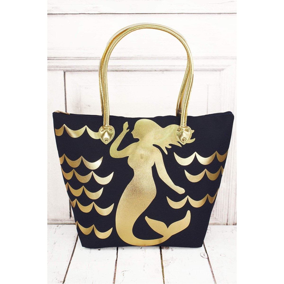 Metallic Gold Mermaid Navy Shoulder Tote - BFF Here