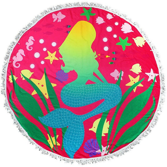 Dark Pink Ocean with Mermaid Round Beach Towel - BFF Here