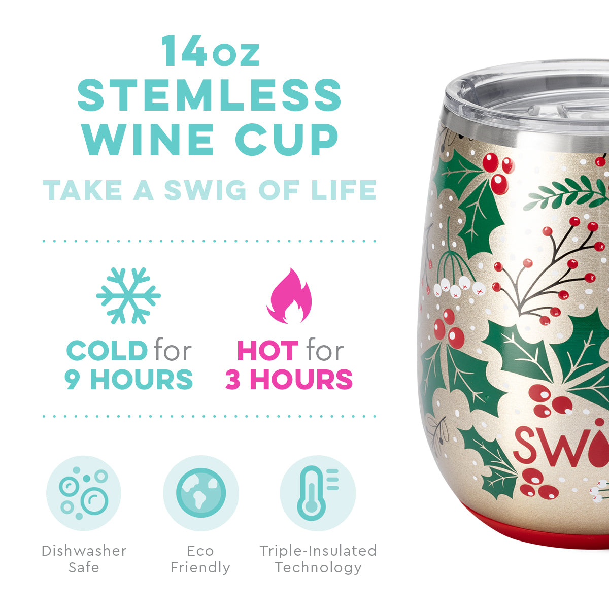 Hollydays Stemless Wine Cup (14oz) by Swig Life - BFF Here