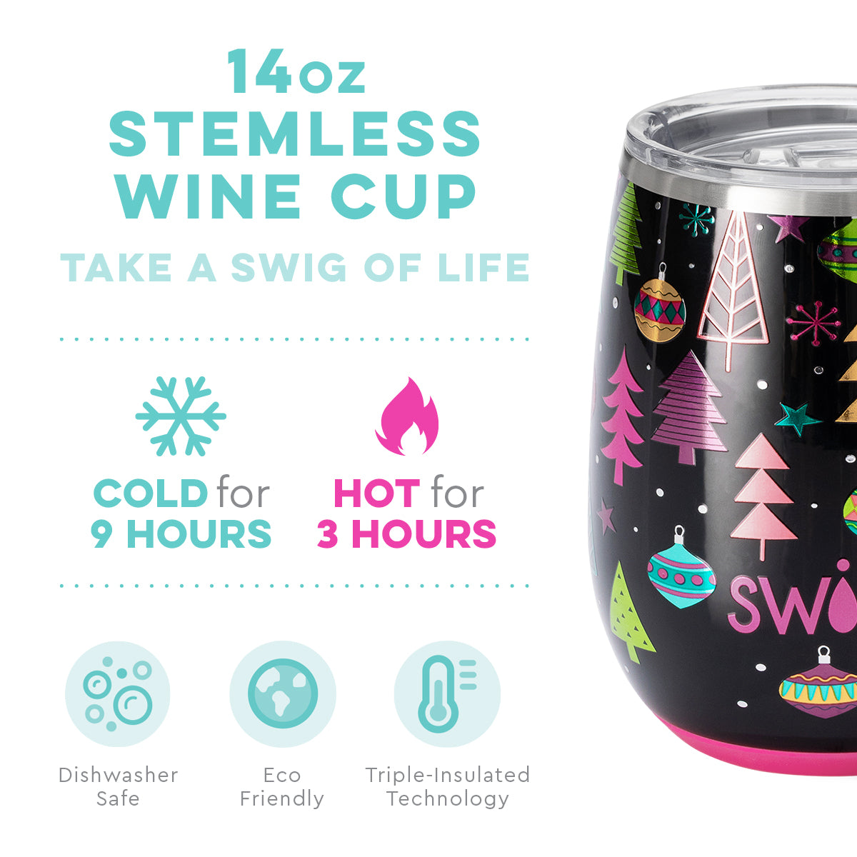 Merry & Bright Stemless Wine Cup (14oz) by Swig Life - BFF Here