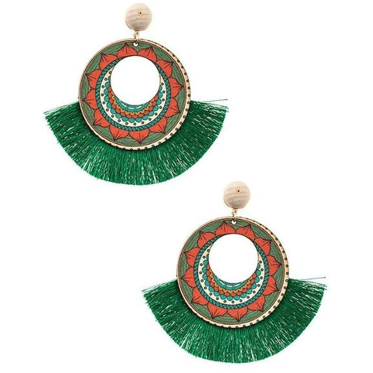 Mandala Wood Tassel Earring - BFF Here