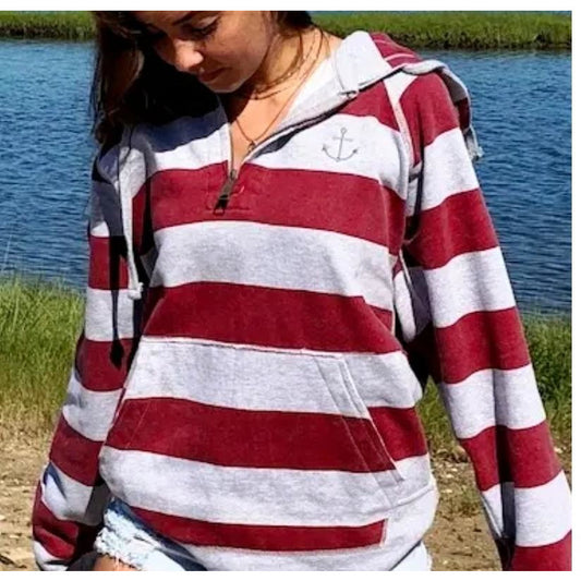 Seaside Hoodie Maroon/Grey Stripe - BFF Here