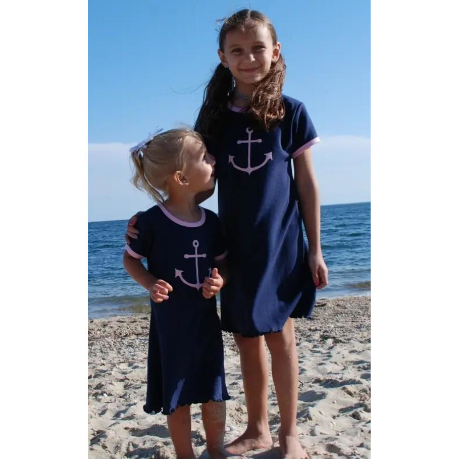 Girls Classic Ringer Dress - Navy/Pink - BFF Here