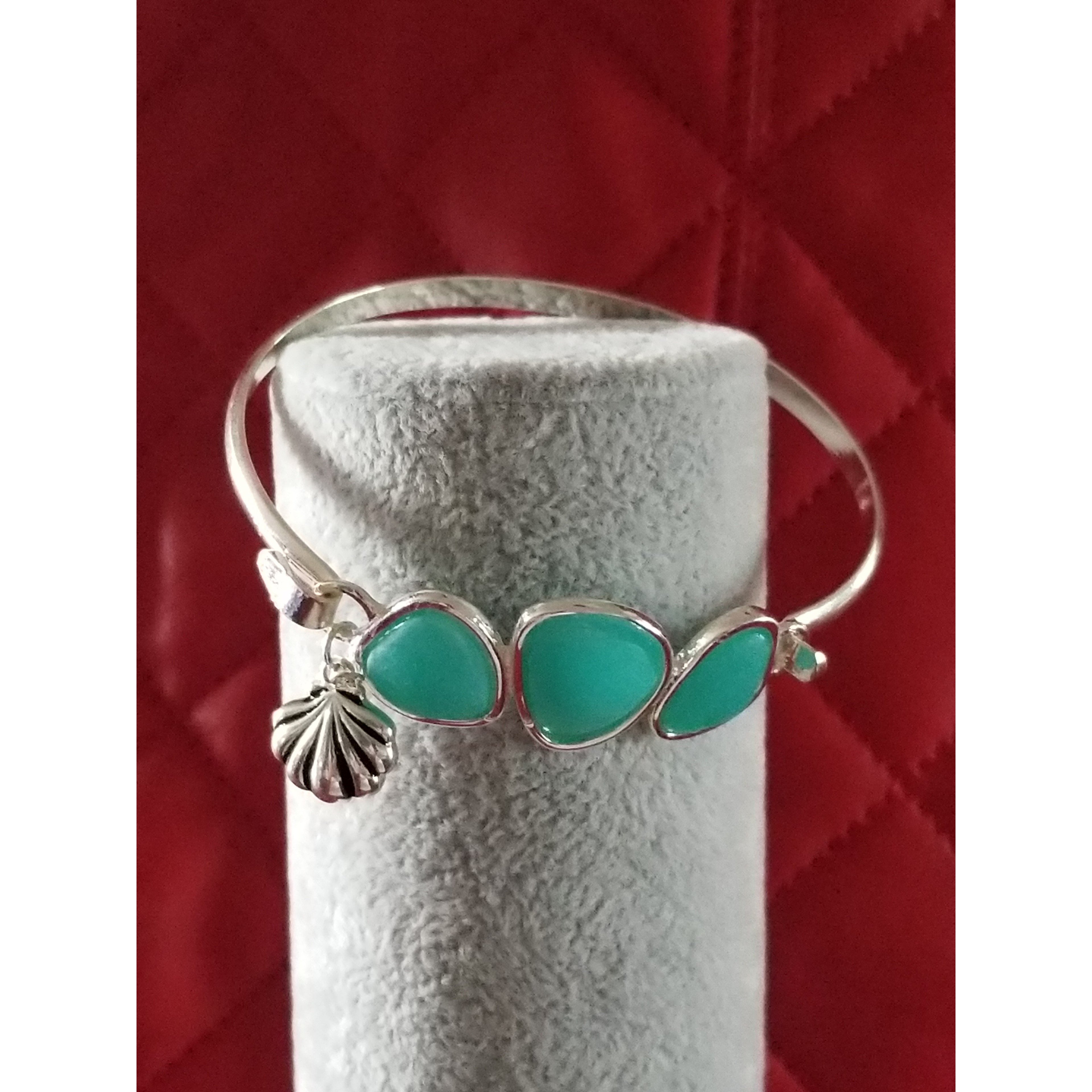 Aqua Sea Glass Stone with Silvertone Charm Bracelet -- Choice of Style - BFF Here
