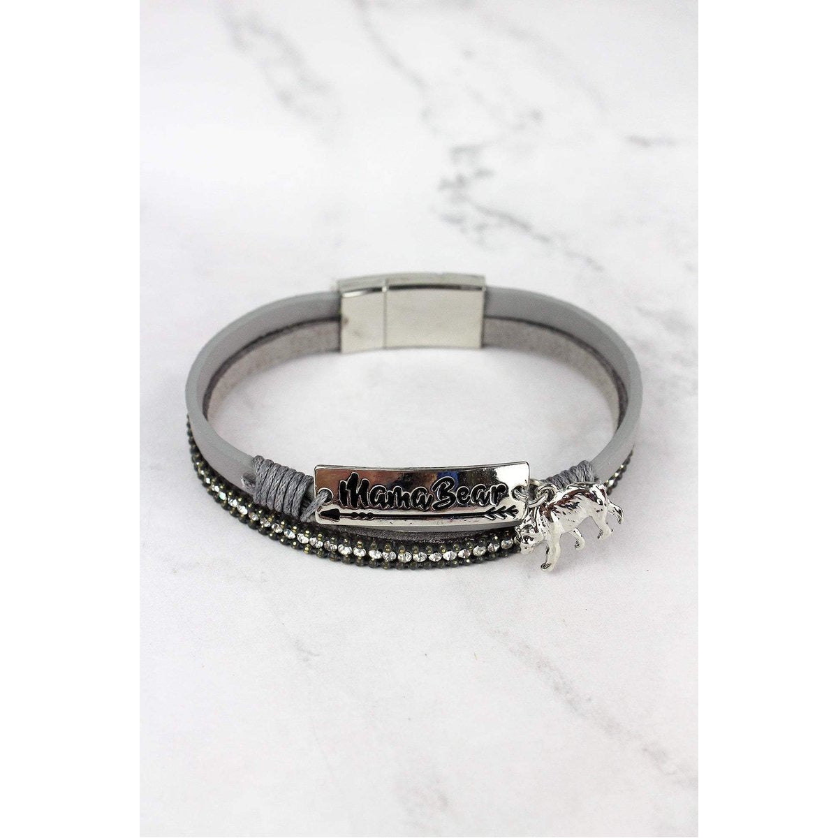 Silvertone 'Mama Bear' Crystal and Gray Magnetic Bracelet - BFF Here