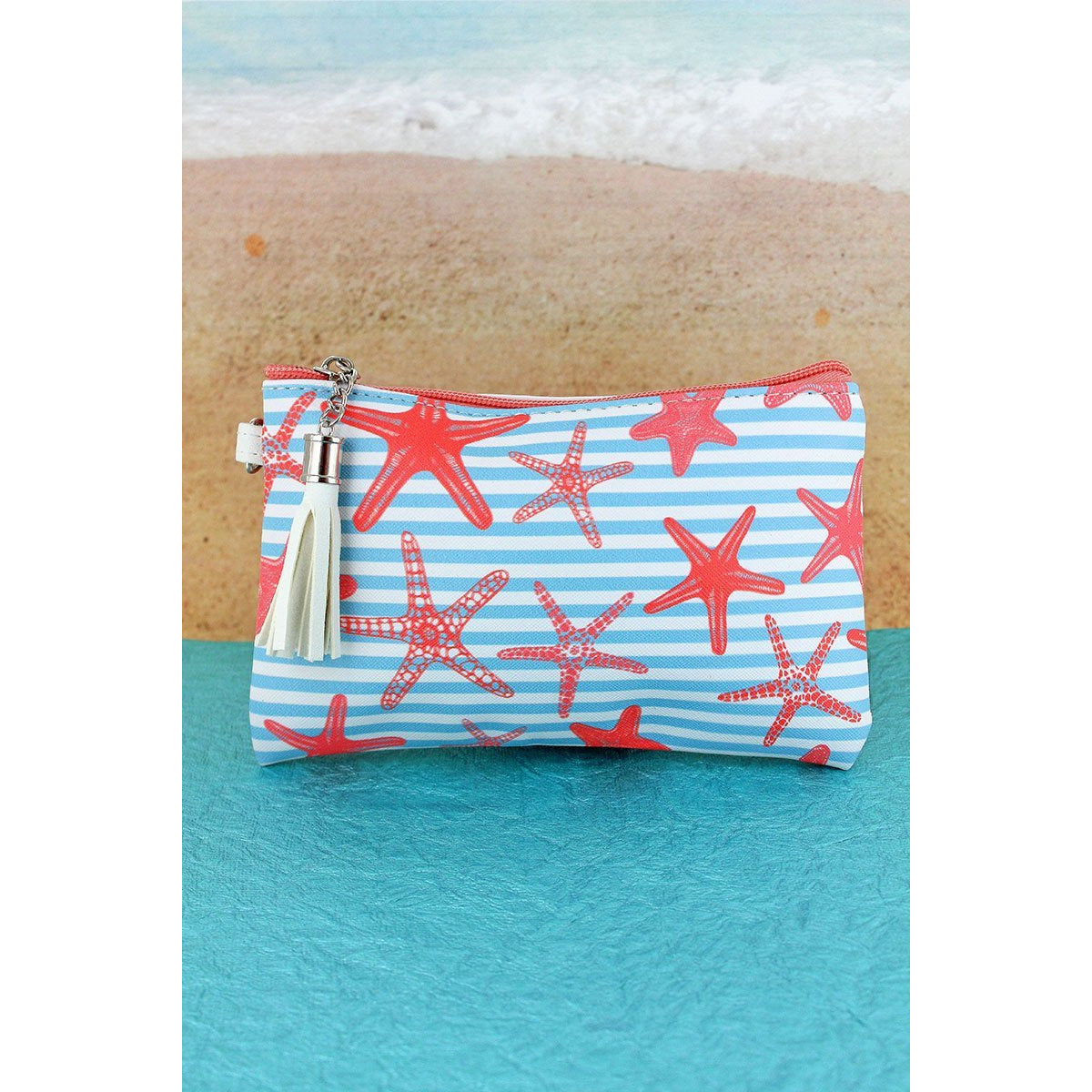 Light Blue Nautical Stripe Starfish Tassel Pouch - BFF Here