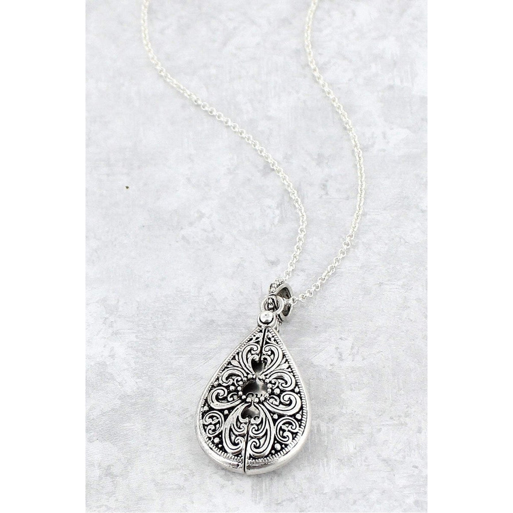 Teacher's Blessing Teardrop Message Locket Necklace -- Worn Silvertone - BFF Here
