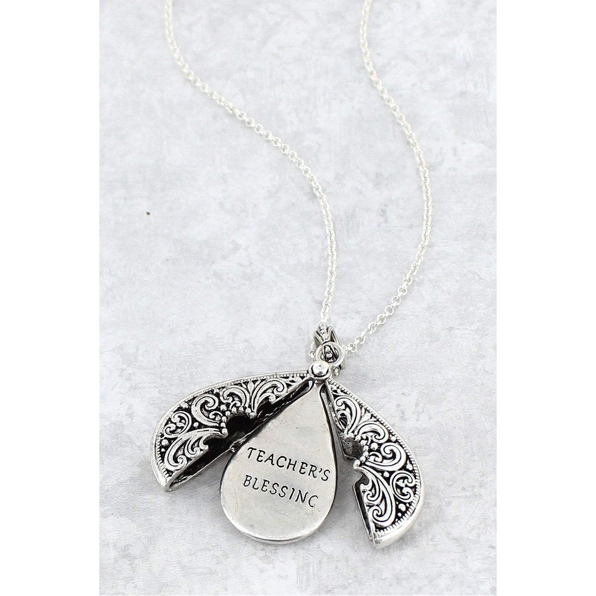 Teacher's Blessing Teardrop Message Locket Necklace -- Worn Silvertone - BFF Here