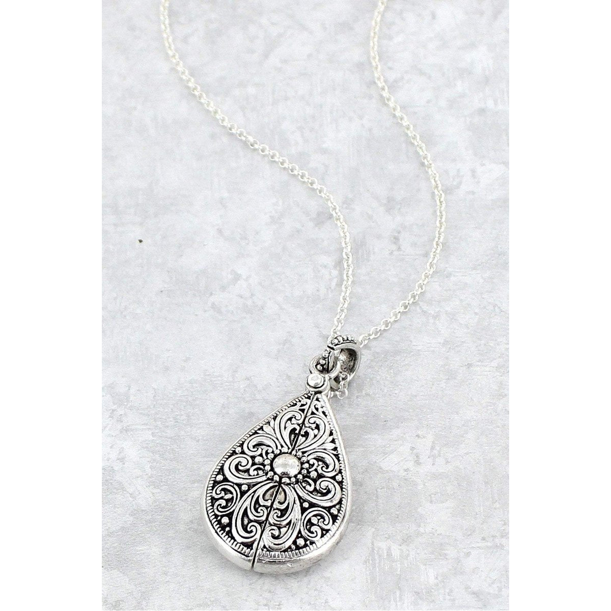 Teacher's Blessing Teardrop Message Locket Necklace -- Worn Silvertone - BFF Here