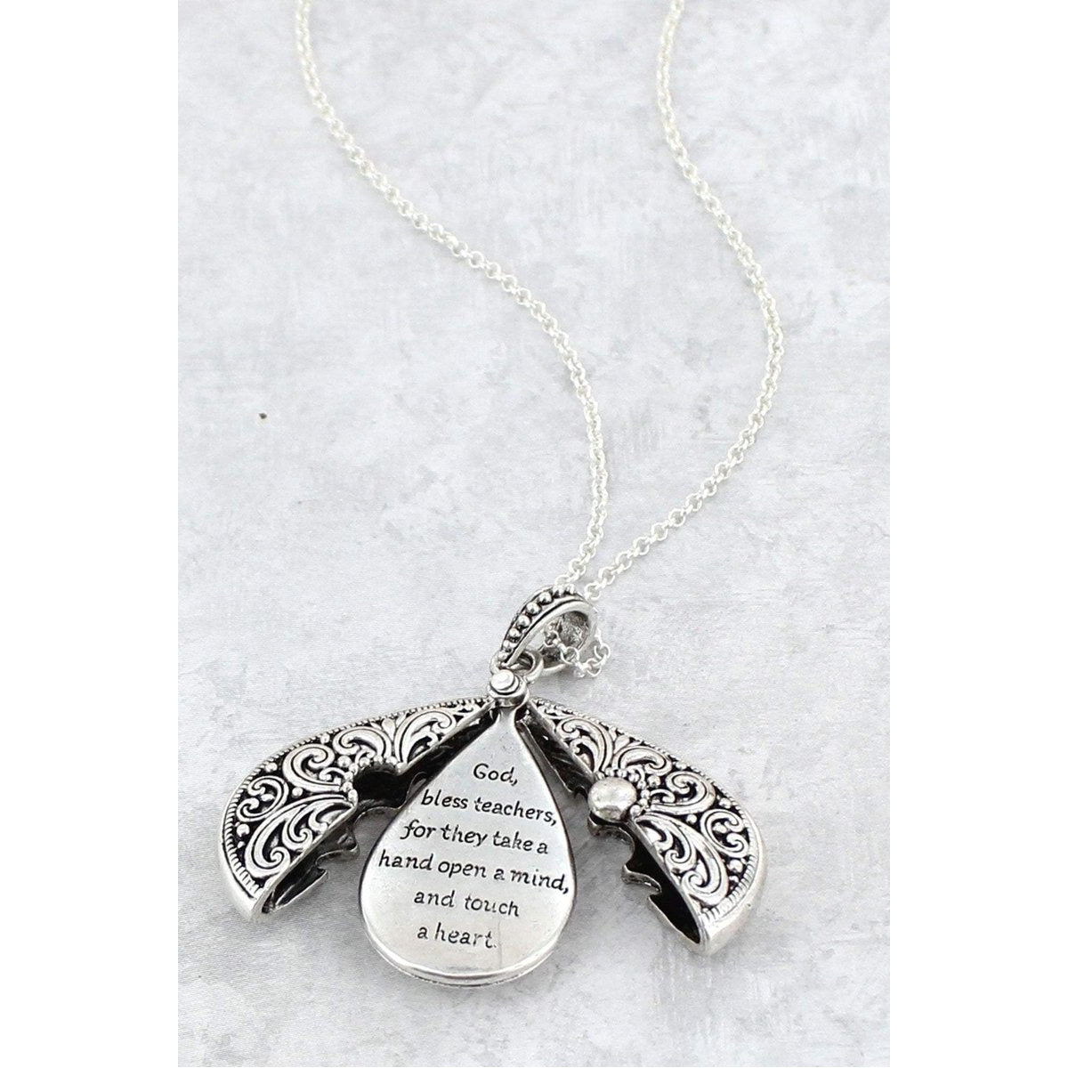 Teacher's Blessing Teardrop Message Locket Necklace -- Worn Silvertone - BFF Here