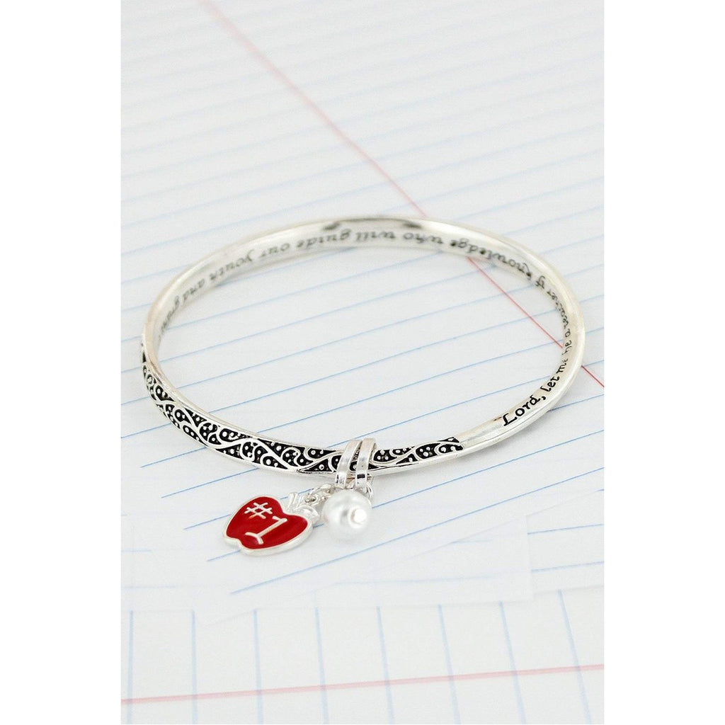 Teacher Silvertone Twist Bangle with Apple Charm - BFF Here