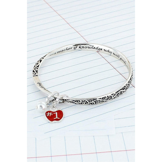 Teacher Silvertone Twist Bangle with Apple Charm - BFF Here