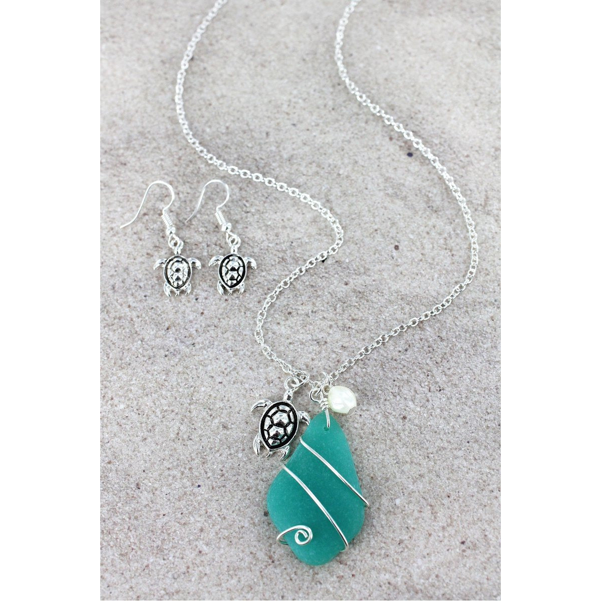 Silvertone Wire-Wrapped Aqua Sea Glass and Turtle Necklace and Earring Set - BFF Here