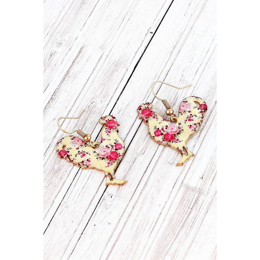 Vintage Rose Yellow Rooster Goldtone Earrings - BFF Here