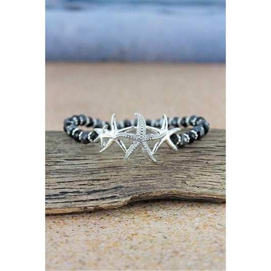 Silvertone Starfish Black Beaded Bracelet - BFF Here