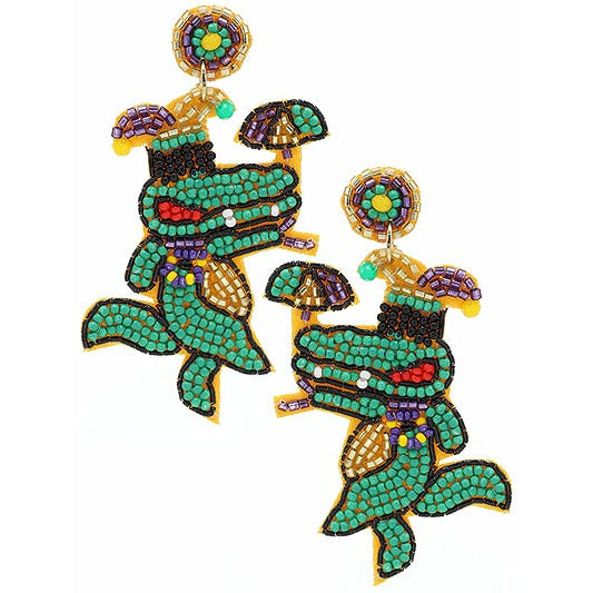 Mardi Gras Gator Seed Bead Earrings - BFF Here