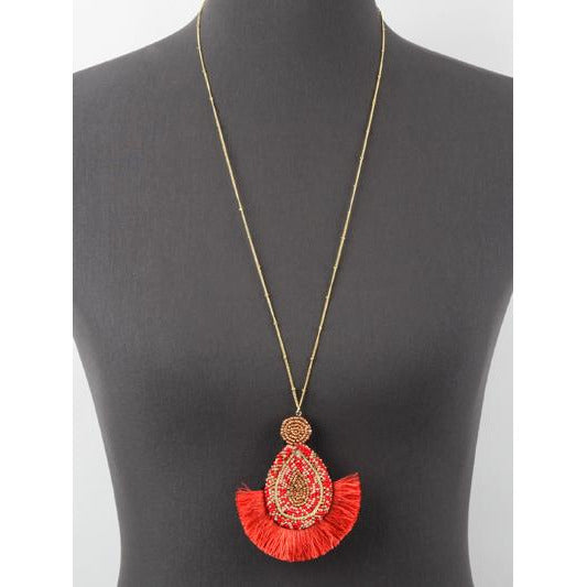 Seed Bead Tassel Necklace - Coral - BFF Here