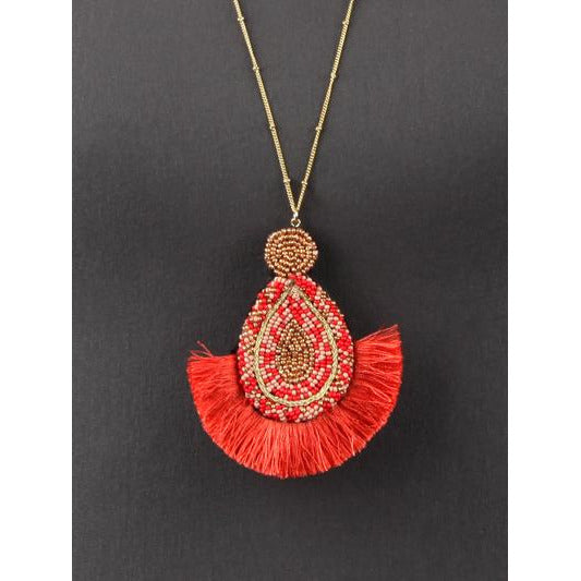 Seed Bead Tassel Necklace - Coral - BFF Here