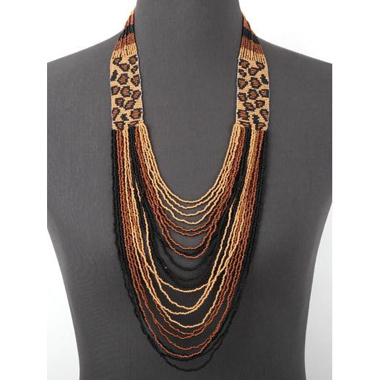 Western Seed Bead Long Layered Necklace -- Leopard - BFF Here