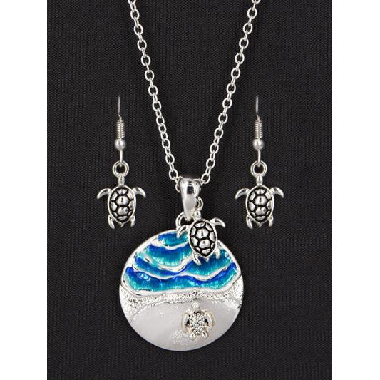 Sea Turtle & Wave Necklace and Earring Set - BFF Here