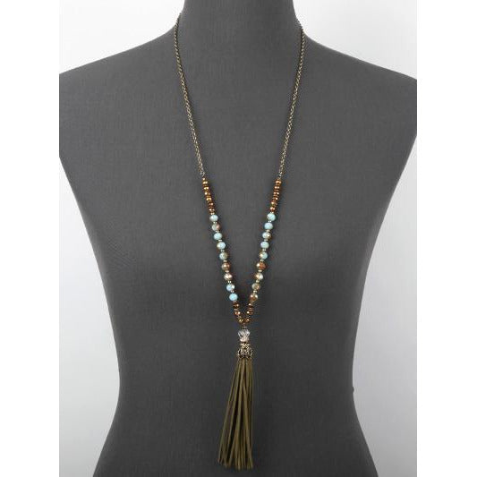 Suede Tassel & Glass Bead Necklace - Olive - BFF Here