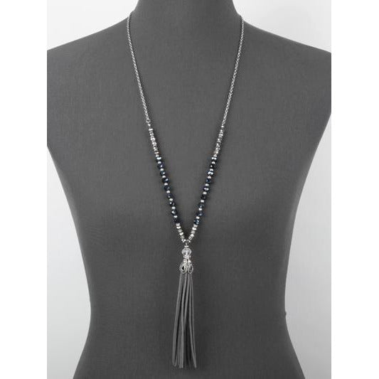 Suede Tassel & Glass Bead Necklace - Gray - BFF Here