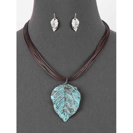 Cord Necklace with Leaf Pendant and Earring Set - BFF Here