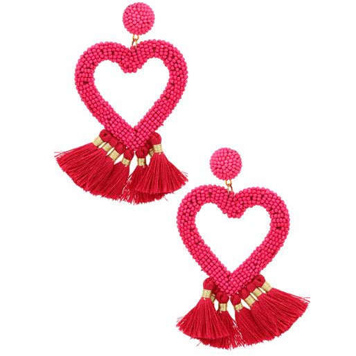 Seed Bead Tassel Heart Earring -- Choice of Color - BFF Here