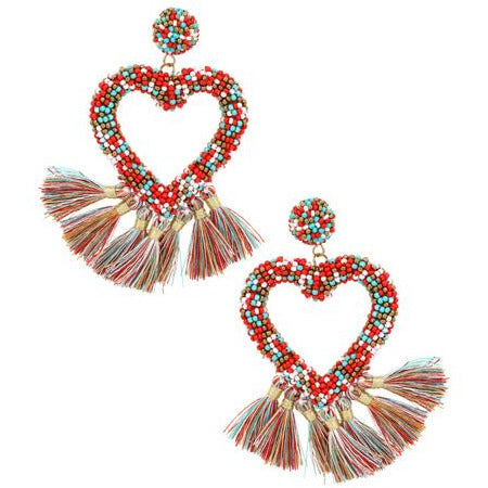 Seed Bead Tassel Heart Earring -- Choice of Color - BFF Here