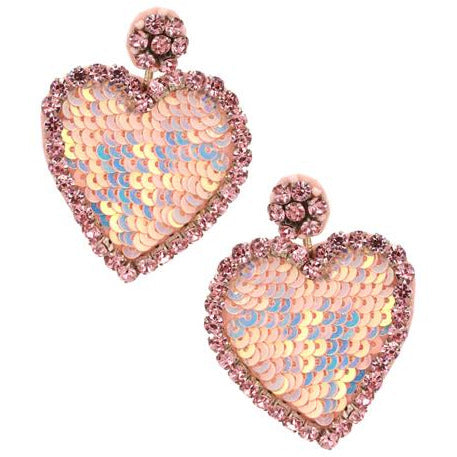 Rhinestone & Sequin Heart Earring -- Choice of Color - BFF Here