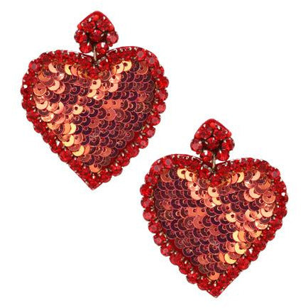 Rhinestone & Sequin Heart Earring -- Choice of Color - BFF Here