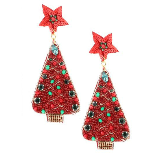 Red Christmas Tree Seed Bead Earrings - BFF Here