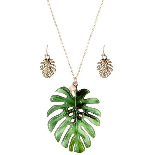 Palm Leaf Print Necklace & Earring Set - BFF Here