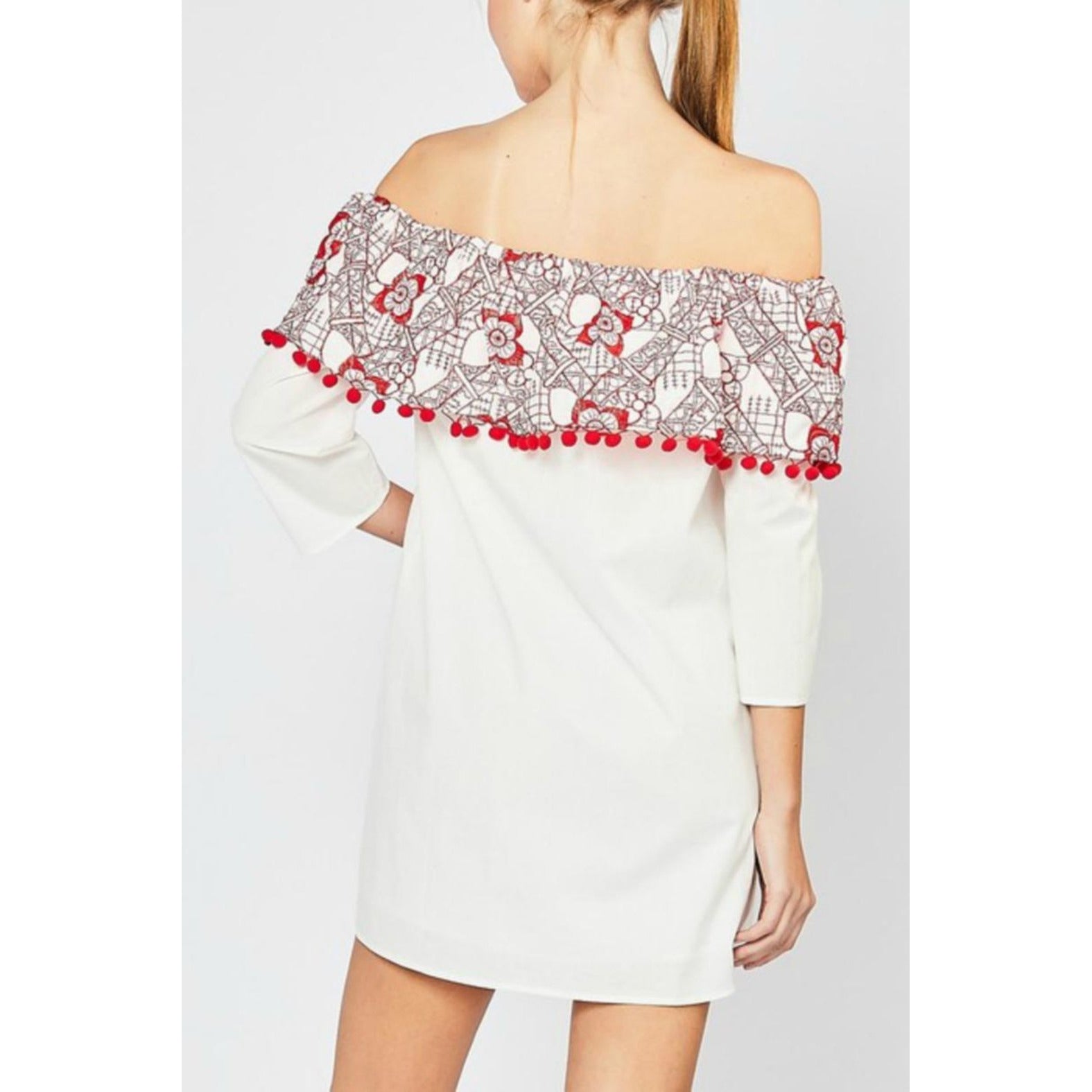 Off Shoulder Embroidery And Pom Pom Detail Dress - BFF Here