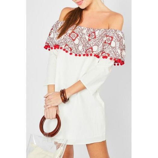 Off Shoulder Embroidery And Pom Pom Detail Dress - BFF Here