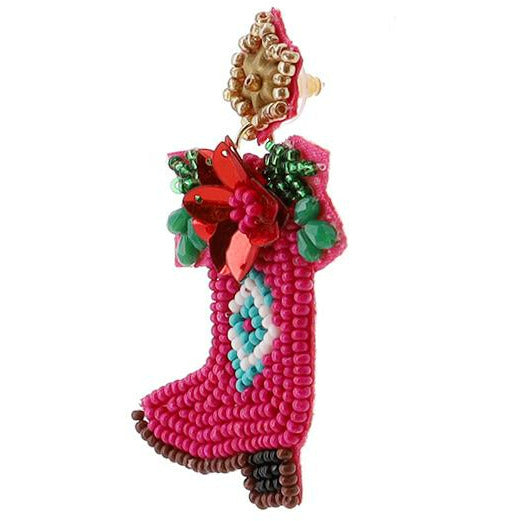 Christmas Cowboy Boots Poinsettia Seed Bead Earrings - BFF Here