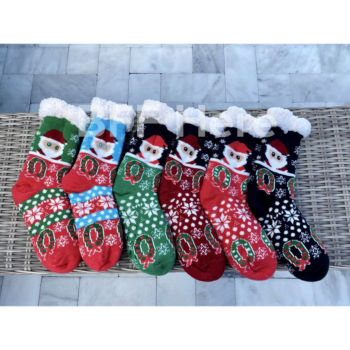 Santa Print Faux Sherpa Slipper Socks -- Choice of Color - BFF Here