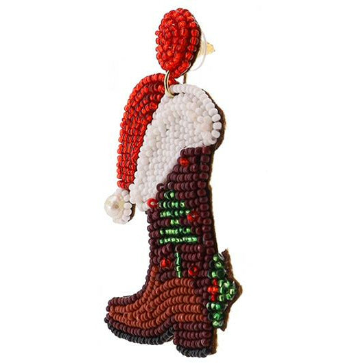 Christmas Cowboy Boots Santa Hat Seed Bead Earrings - BFF Here