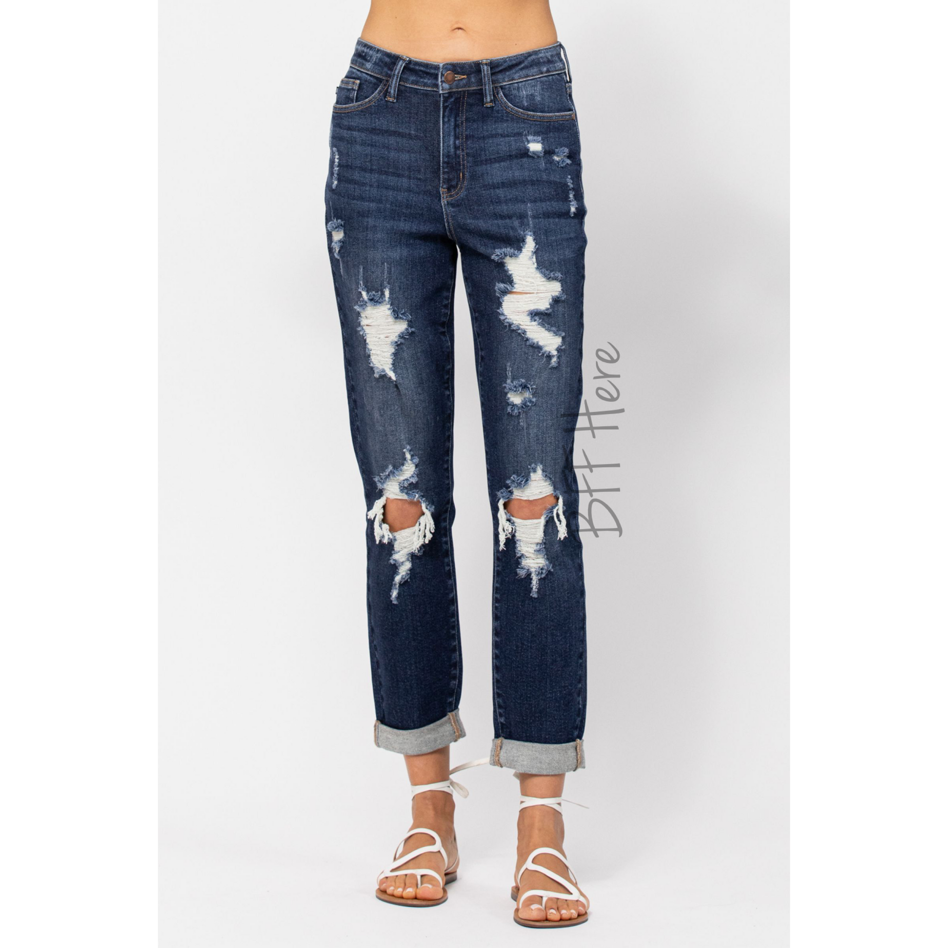 High Waist Destroyed Cuffed Boyfriend Jeans by Judy Blue - BFF Here