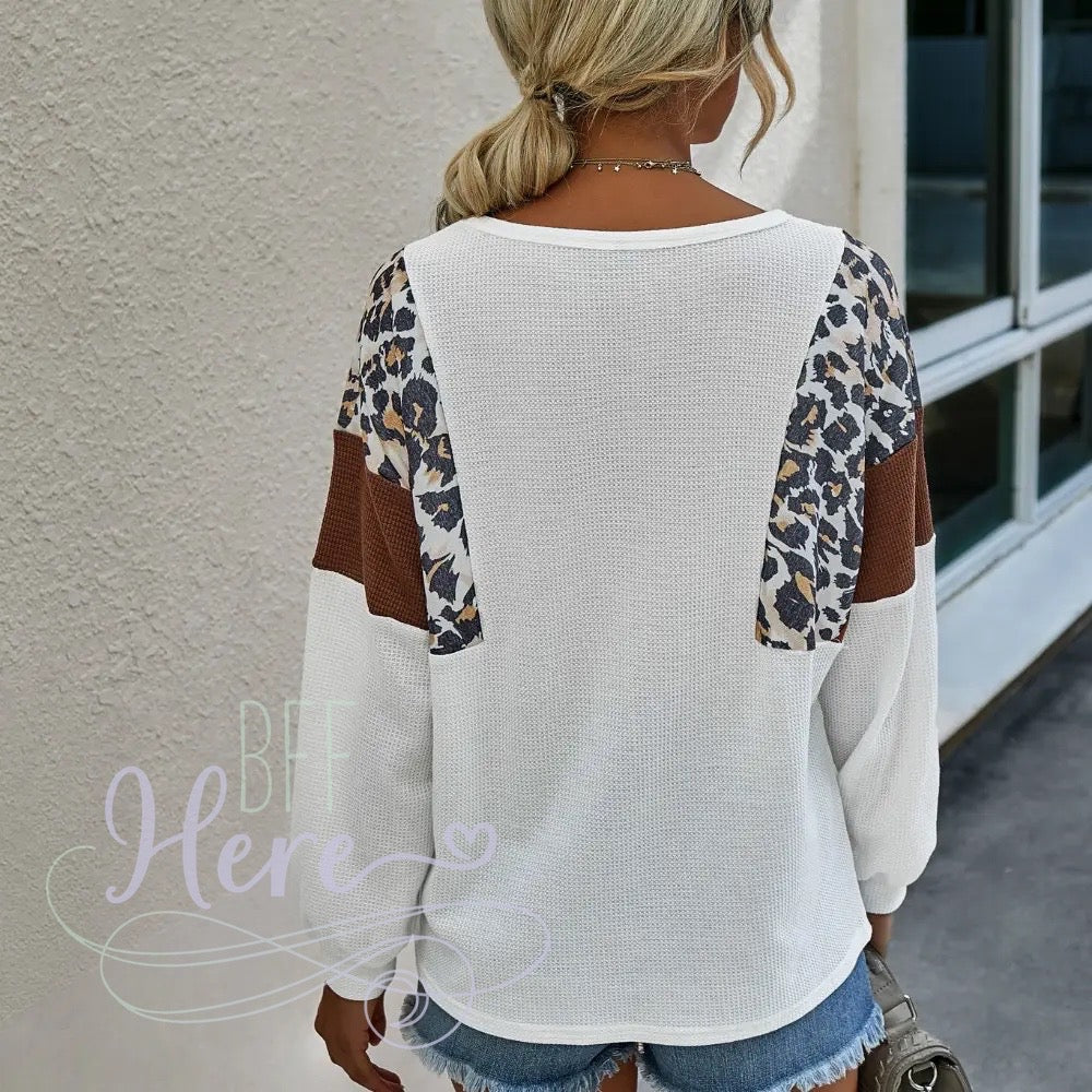 Iris Waffe Knit Color Block Leopard Top - BFF Here